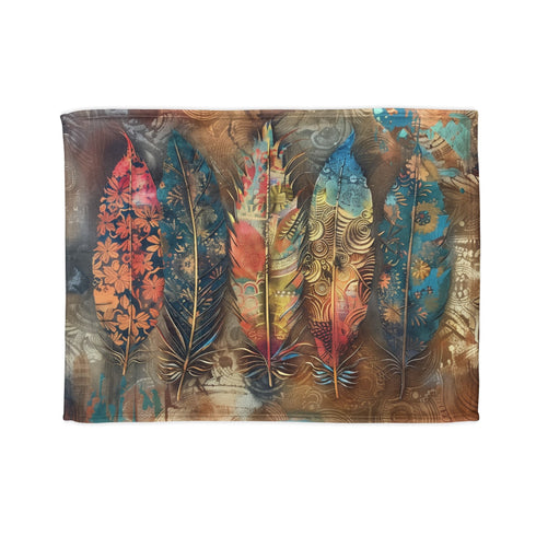 Dreamy feather and floral patterned blanket for cozy indoor relaxation.