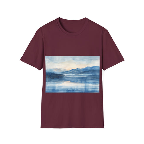 Watercolor mountain tee in charcoal for nature lovers.