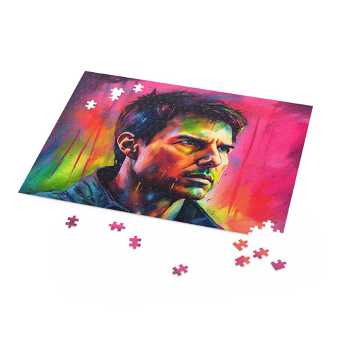 Tom Cruise neon watercolor silhouette puzzle with 120 pieces.