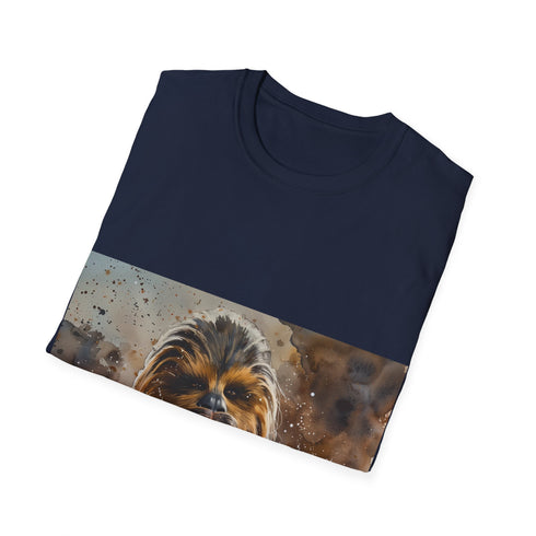 Chewbacca watercolor tee in fierce charcoal color, cotton blend, crew neck.