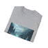 Charcoal cotton T-shirt featuring a fantastical landscape with ethereal clouds