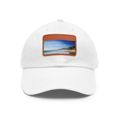 Malibu Dreamin White Baseball Cap with Light Brown Patch Rectangle Design