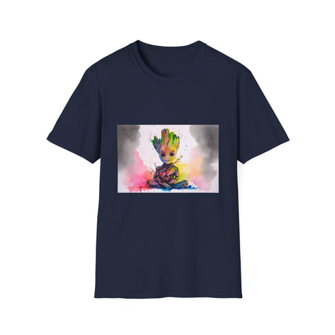 Charcoal cotton T-shirt with vibrant galaxy Baby Groot watercolor design
