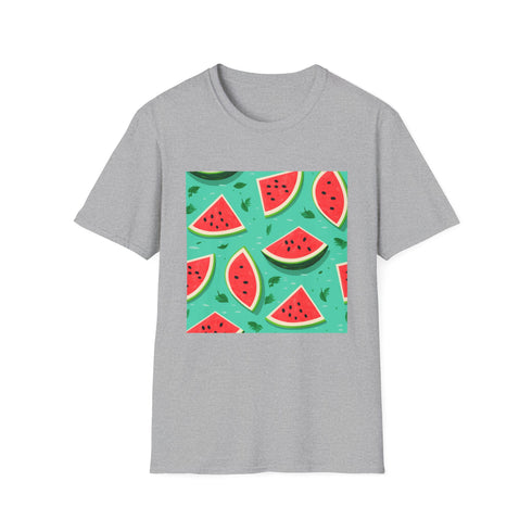 Charcoal crew neck T-shirt with watermelon and floral tropical pattern