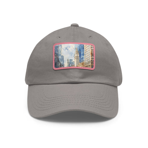 Chicago skyline splatter cap in white with light brown patch.
