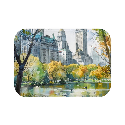 Central Park Oasis Bath Mat with serene watercolor nature scene.