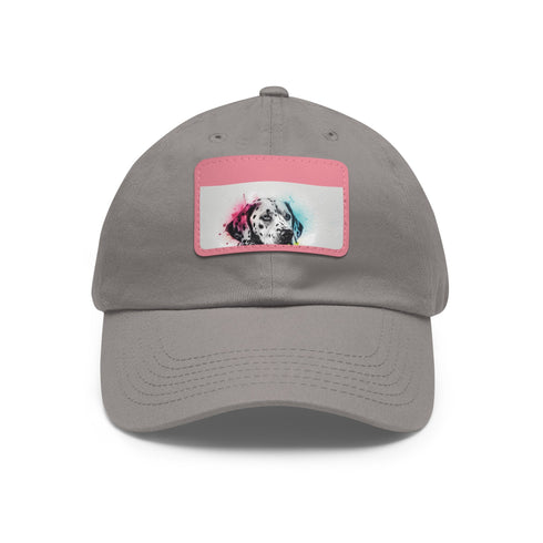 Dalmatian graphic baseball cap in white with light brown patch.