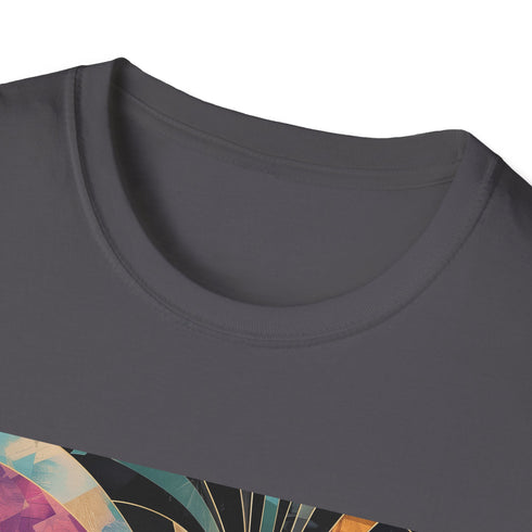 Charcoal art deco pattern cotton T-shirt with crew neck and vibrant design