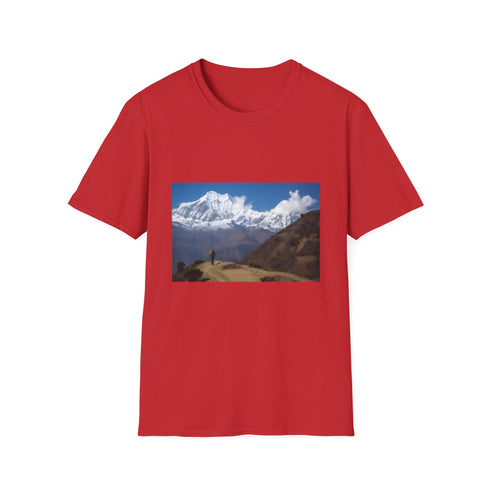 Pathways to Serenity in the Himalayas Embrace T-Shirt, Charcoal, Cotton, Crew Neck
