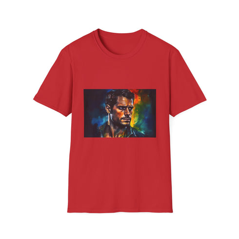 Charcoal cotton crew neck T-shirt featuring vibrant neon watercolor heroic design