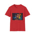 Charcoal cotton crew neck T-shirt featuring vibrant neon watercolor heroic design