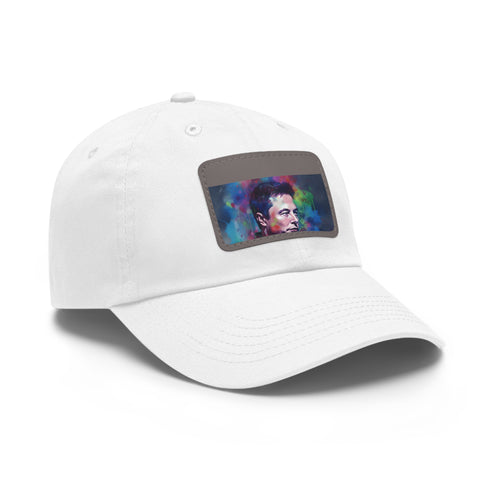 Neon watercolor baseball cap featuring Elon Musk on white cap.