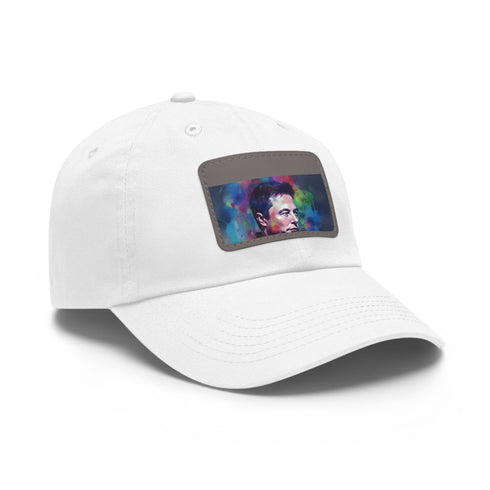 Vibrant neon watercolor baseball cap with Elon Musk design on white.