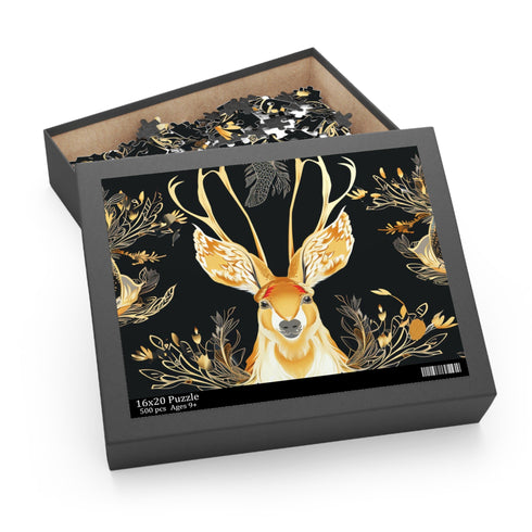 Mythical jackalope puzzle with whimsical seamless pattern, perfect for fantasy enthusiasts.