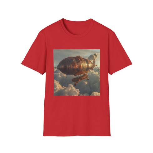 Charcoal steampunk airship graphic T-shirt featuring crew neck and soft cotton fabric