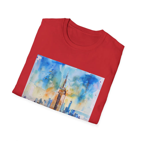 Watercolor Empire State Building skyline graphic on charcoal T-shirt.