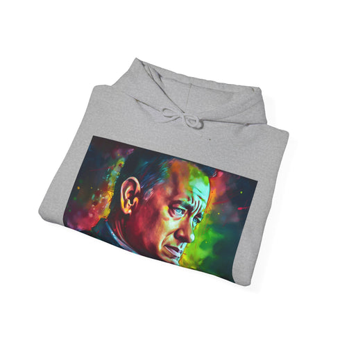 Tom Hanks watercolor hoodie in navy with neon colors.