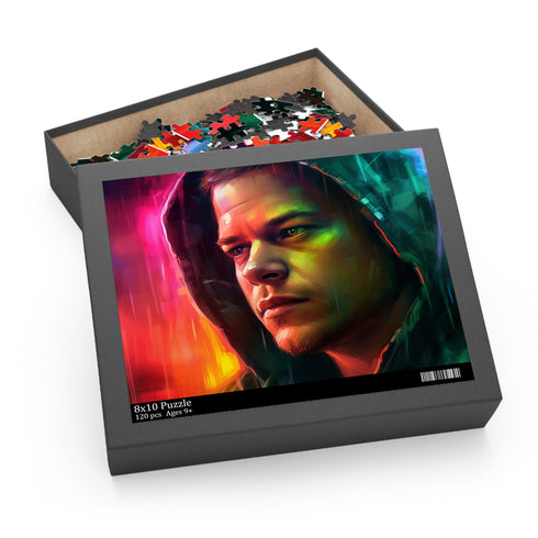 Vibrant Matt Damon watercolor puzzle in neon colors for art lovers.
