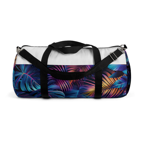 "Vibrant neon palm leaf small duffel bag, ideal for travel."