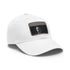 Stylish white baseball hat with light brown rectangle patch.