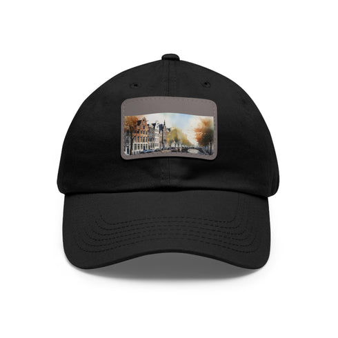 Trendy snapback cap with Amsterdam skyline design on light patch.