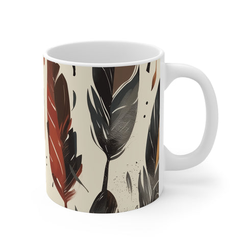 Boho feather dream coffee mug with seamless pattern for kitchen.