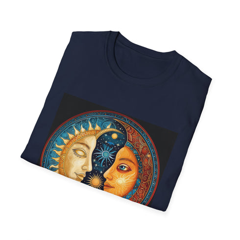 Charcoal crew neck T-shirt featuring intricate mandala sun moon design