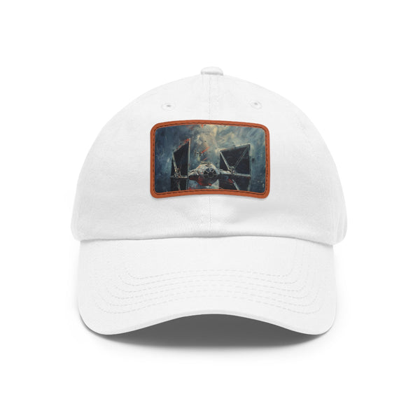 Galactic Empire Tie Fighter white cotton hat with light brown rectangle patch.