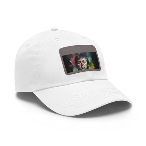 Neon watercolor Paul McCartney baseball cap with light brown patch.