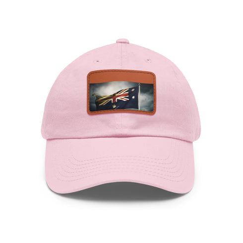 Stylish Aussie Pride Baseball Cap with Australia flag design. White/Light Brown Rectangle.