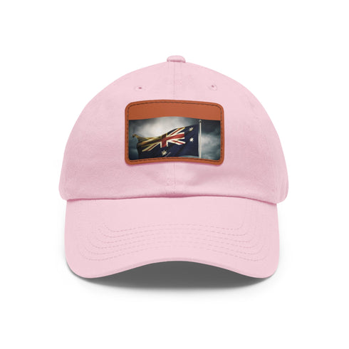 White Aussie Pride baseball cap with light brown rectangle patch.