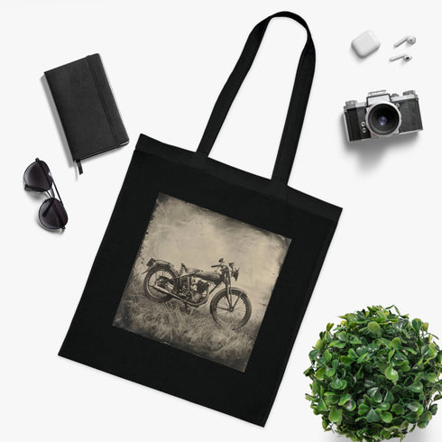 Black cotton Classic Cruiser Tote Bag with vintage motorcycle design.