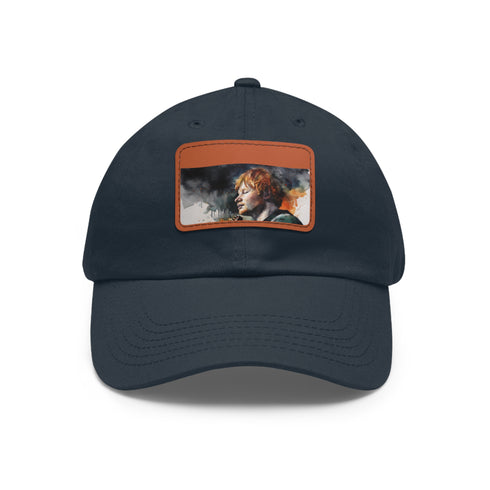 Ed Sheeran themed watercolor baseball cap, white/light brown patch, rectangle design.