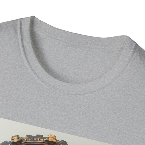 Charcoal steampunk T-shirt with intricate Victorian gear design and soft cotton fabric