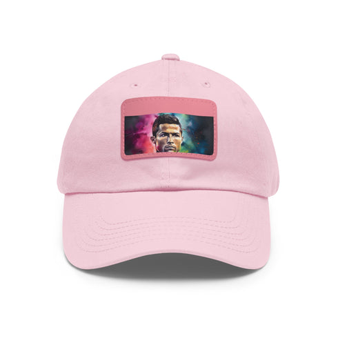 Vibrant neon watercolor Ronaldo hat with light brown patch.