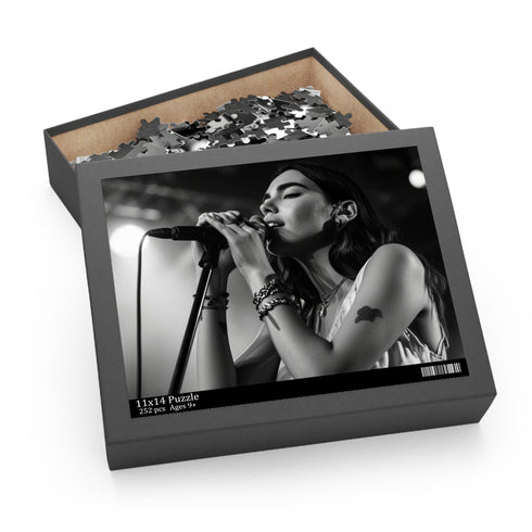 Vibrant Dua Lipa puzzle capturing pop sensation in singing moment.