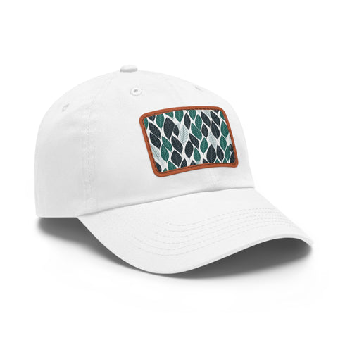 Green leaf pattern baseball cap in white with light brown patch.