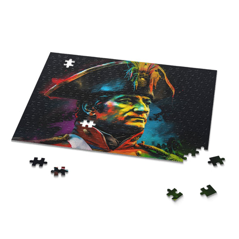 Neon watercolor Napoleon puzzle featuring vibrant historical artwork and 120 pieces.