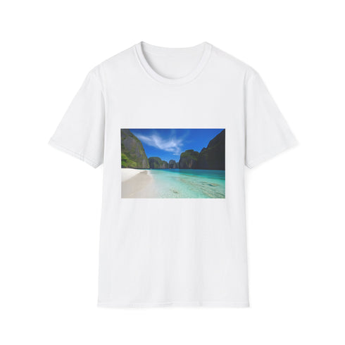 Charcoal crew neck cotton T-shirt with tropical Azure Paradise graphic design