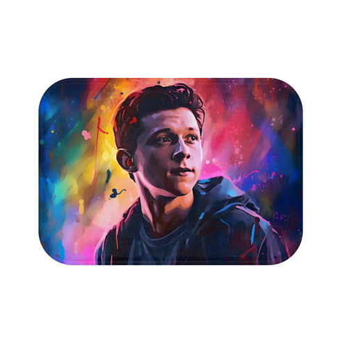 Neon Holland Bath Mat with vibrant watercolor portrait of Tom Holland