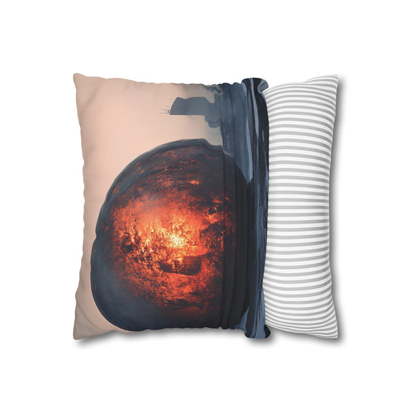 Lava Sphere Orbiting Frozen City (Edition II) ā 40Ć40 Cushion Cover ā Sofa & Living Room Lifestyle View
