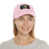 Neon baseball cap with watercolor Einstein portrait and light brown patch.