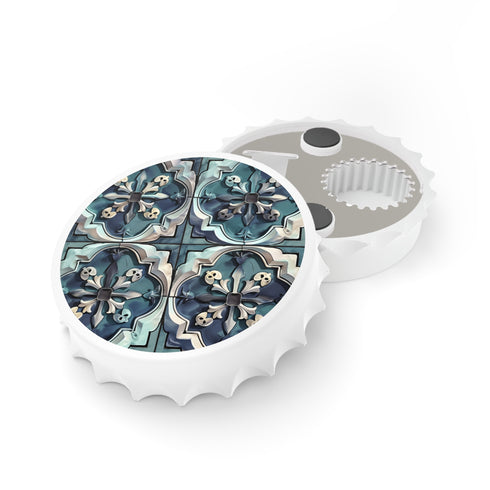 Artisan Tiles bottle opener, white with elegant traditional pattern.