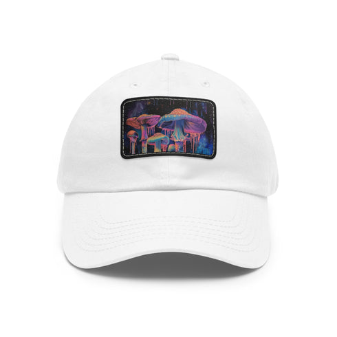 Psychedelic Mushroom Trucker Hat - White cotton with light brown patch.