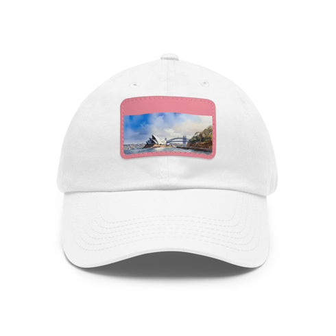 White baseball cap featuring Sydney skyline design, rectangle shape, cotton material.