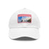 White baseball cap featuring Sydney skyline design, rectangle shape, cotton material.