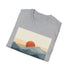 Minimalist sunrise mountain range t-shirt in charcoal, size small.