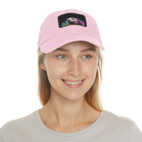 White cotton hat with smiling otter watercolor patch, unisex vegan design.