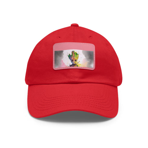 Neon watercolor Baby Groot baseball cap, white/light brown rectangle style.