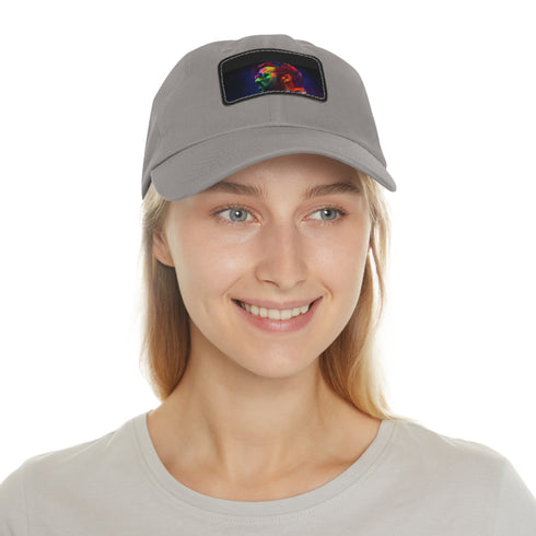 George Michael neon watercolor baseball hat in white with light brown patch.